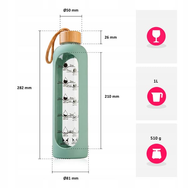 Glasvattenflaska 1000 ml med silikonfodral (grön)