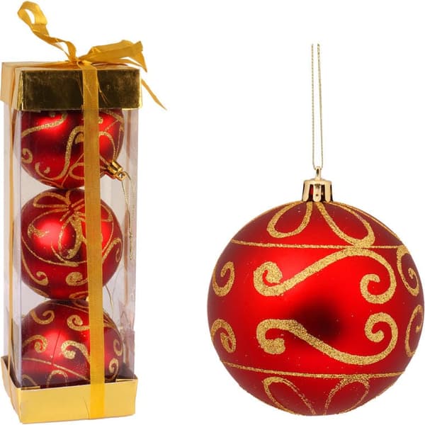 Røde julekugler med guldglitter - 3 stykker