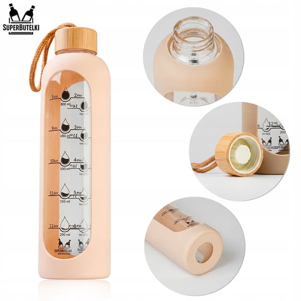 Glasvattenflaska 1000 ml med silikonfodral (beige)