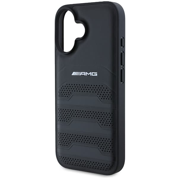 AMG lædercover med prægede linjer og sort logo til iPhone 16, sort