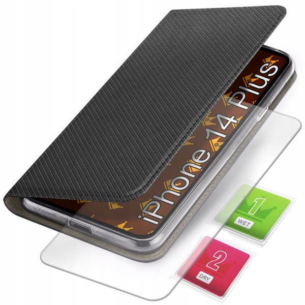 IPHONE 14 PLUS SVART STÄNGT FLIPSKAL + GLAS