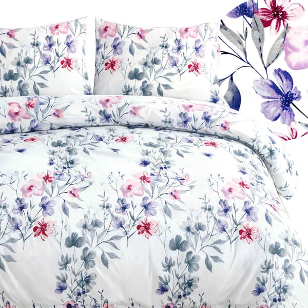 Bomullssängkläder 180x200 satin BOMULL blommor i lila och grått