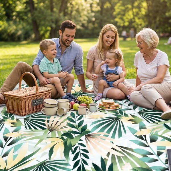 Picknickfilt - strand - bomull - "Eukalyptus på grått" - 180x200