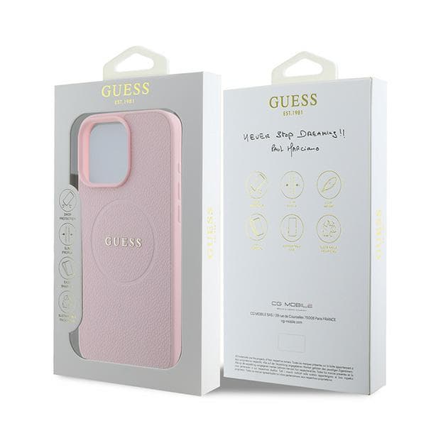 Guess Grained Ring MagSafe -kotelo iPhone 15 Pro Maxille, pinkki