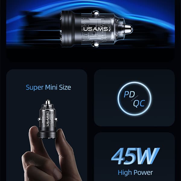 USAMS C35 USB+USB-C 45W hurtigoplader til bil, sort