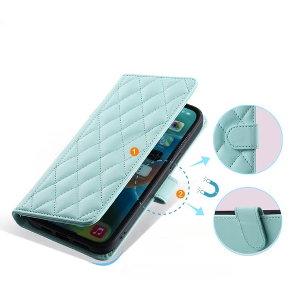 iPhone 16 Pro Max Rhombus Axelremsfodral i Läder, Grönt