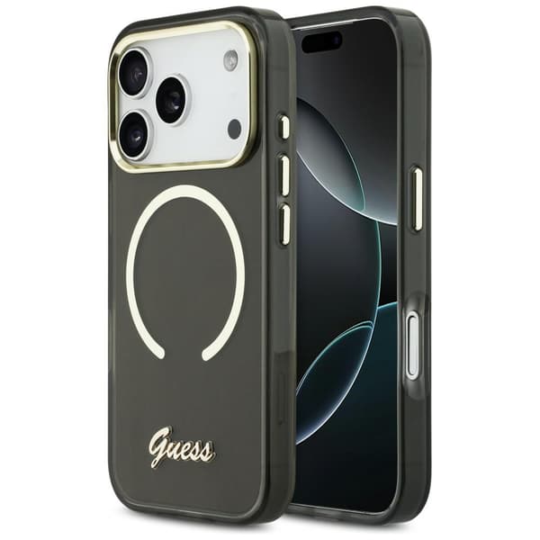 Guess IML Script Metallinen MagSafe-kotelo iPhone 17 Prolle, musta