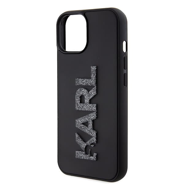 Karl Lagerfeld 3D Gummi Glitter Logo Etui til iPhone 15, Sort