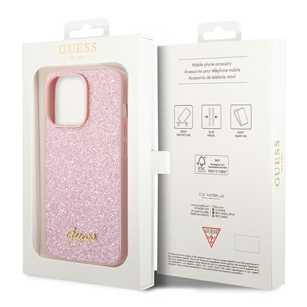 Guess Glitter Script-skal till iPhone 14 Pro Max, rosa