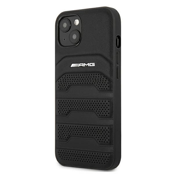 AMG lædercover med prægede linjer og sort logo til iPhone 13 mini, sort