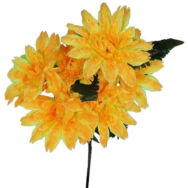 En bukett konstgjorda blommor, 7 dahlior med gula ormbunksblad