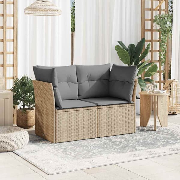 vidaXL Trädgårdssoffa med kuddar, 2-sits, beige, polyrotting