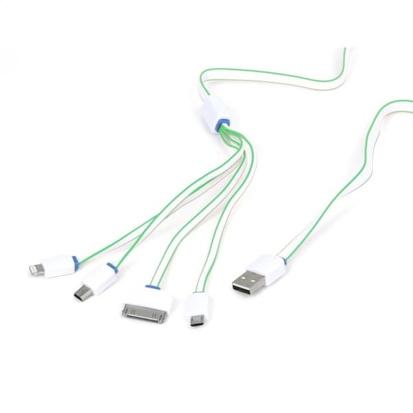 OMEGA HYDRA 4-I-1 MICRO USB + MINI USB + IPHONE4 + LIGHTNING USB-KABEL VIT & GRÖN [42814]