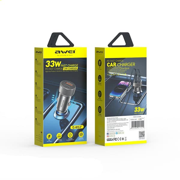 AWEI C-857 Billaddare 33W USB + USB-C Brun