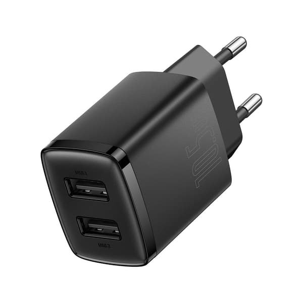 Kompakt 2x USB 10,5W sort vægoplader