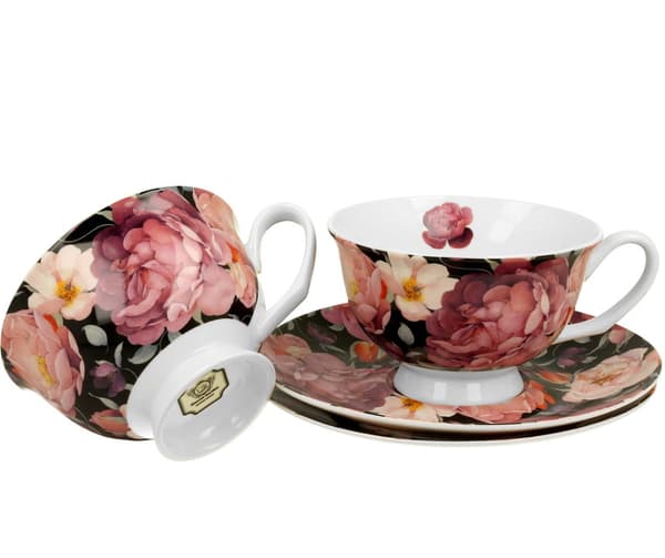 Set med 2 koppar och fat i svart, Spring Rose
