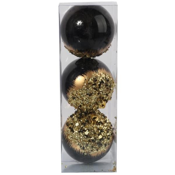 Sæt med 3 plastikkugler 8 cm sort og guld I