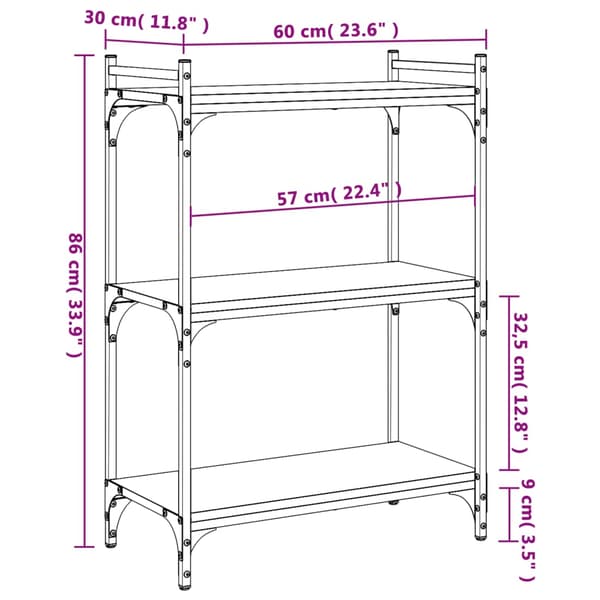 vidaXL 3-lags bogreol sort 60x30x86 cm