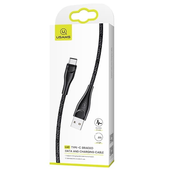 USAMS Punottu Kaapeli U41 USB-A - USB-C 1m 2A Musta
