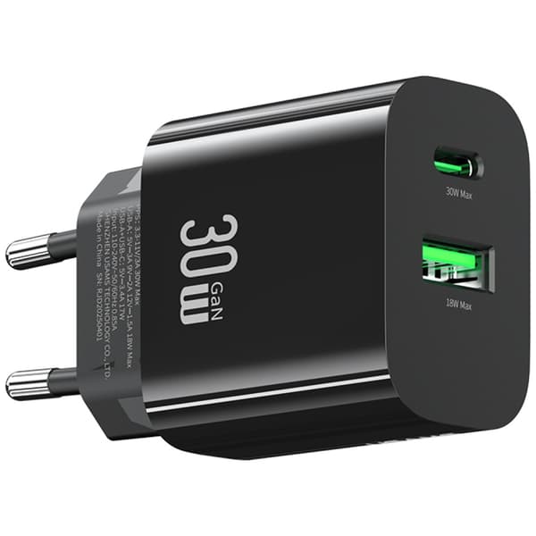 USAMS CC316 T65 30W Seinälaturi 1xUSB-C 1xUSB-A Pikalataus Musta