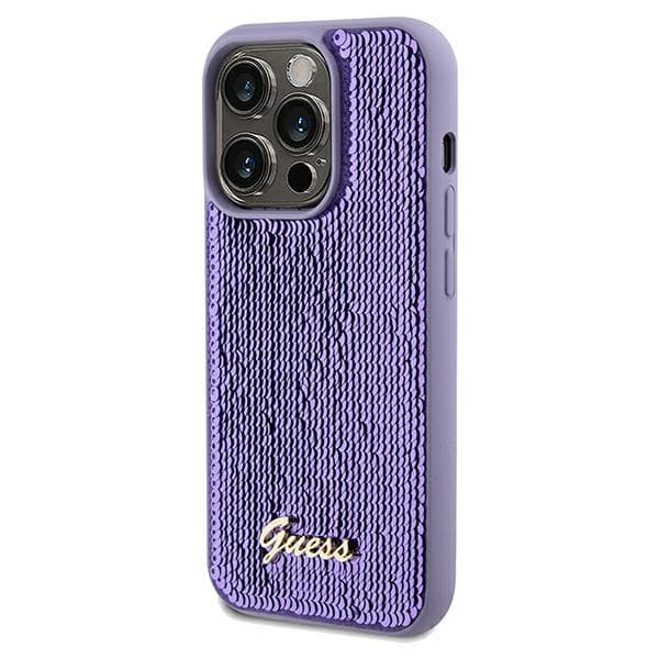 Guess Sequin Script -metallikuori iPhone 14 Prolle, violetti