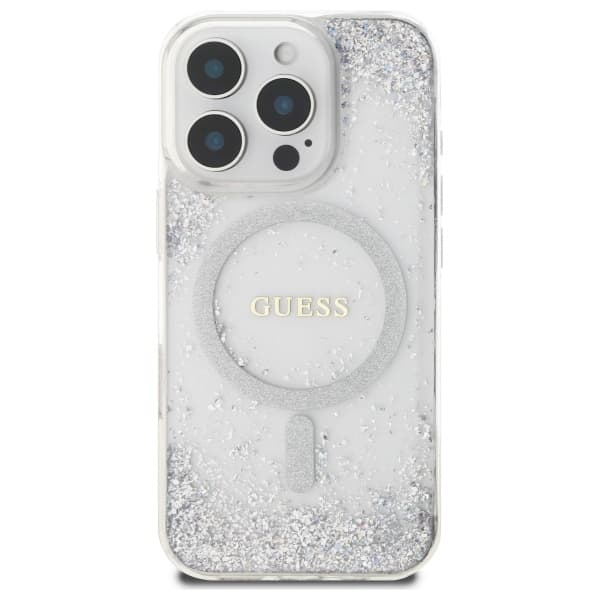 Guess Resin Gradient Glitter MagSafe-cover til iPhone 16 Pro, sølv/sølv
