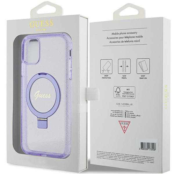 Guess Ring Stand Script Glitter MagSafe-etui til iPhone 11 / Xr, lilla/lilla