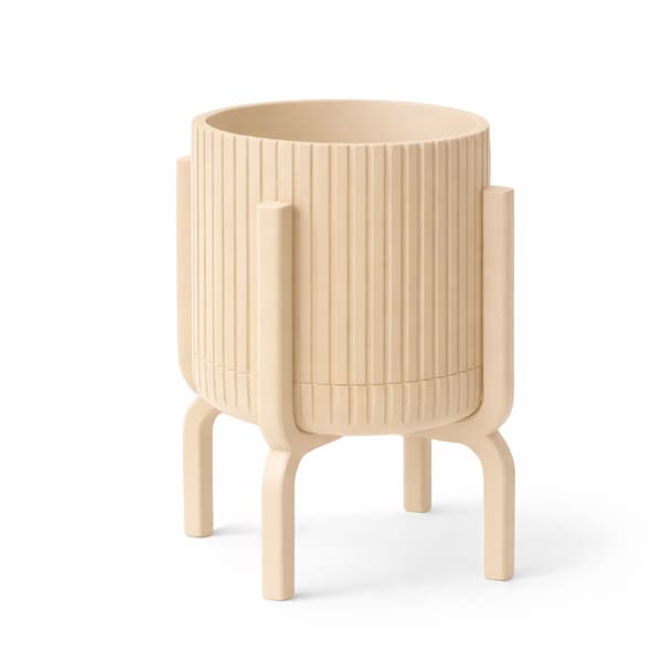 Moderne, rillet beige urtepotte med plantefod