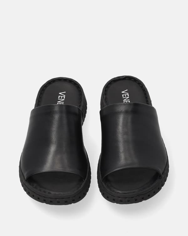 Sorte læderflip-flops til kvinder med bredt skaft Sorte læderflip-flops til kvinder med bredt skaft 37