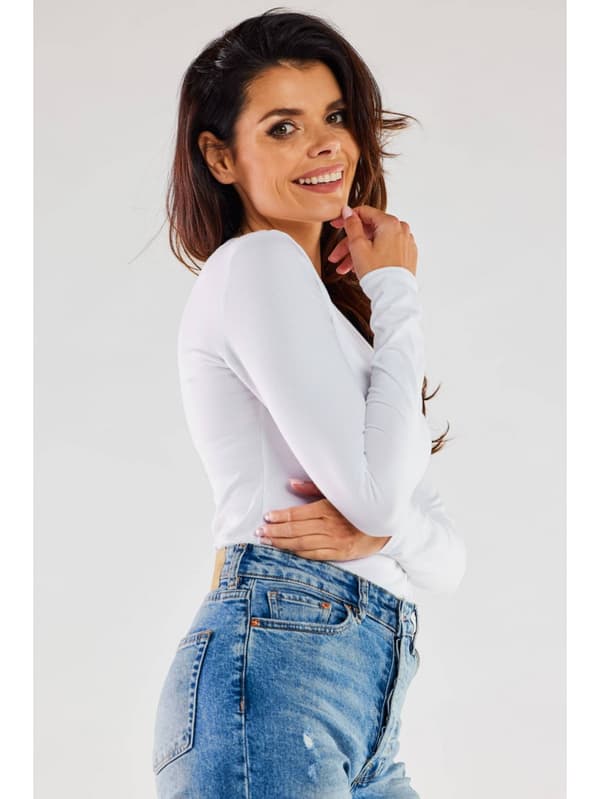 Basis bomuldsbluse med V-hals, hvid XL