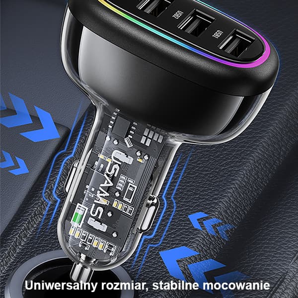 USAMS Biloplader 1xUSB-C 3xUSB-A C34 48W 3A+C PD Hurtigopladning sort