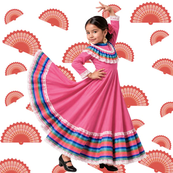 Mexicansk kvindekostume til dans i rosa 134-140 cm