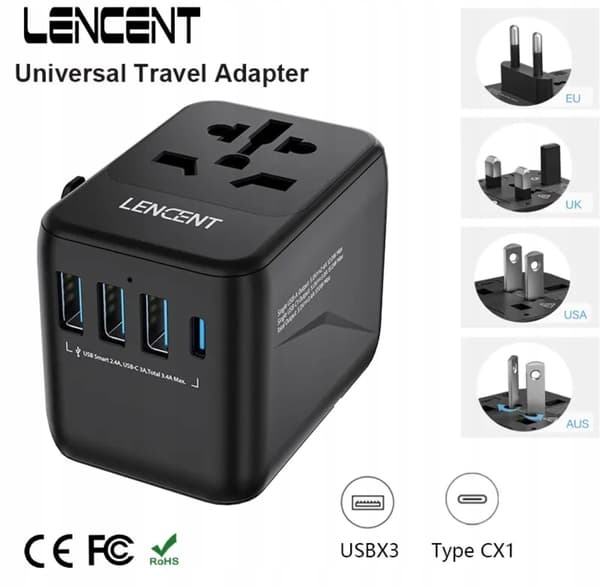 sort rejseadapter LENCENT-stik, 4x USB-oplader inklusive 1 USB C