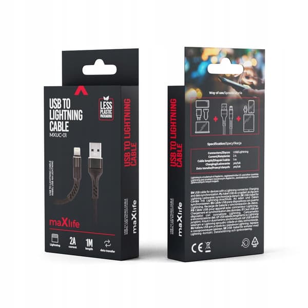 Maxlife MXUC-01 USB - Lightning-kabel 1,0 m 2A sort nylon