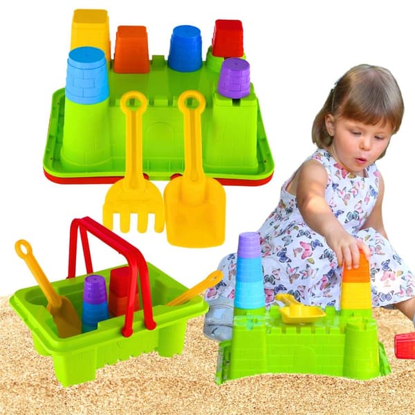 Sandsæt: pyramider, kurv, rive, skovl