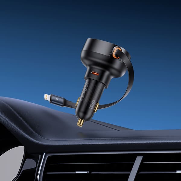Biloplader med udtrækkeligt kabel til iPhone Lightning USB-C 60W sort