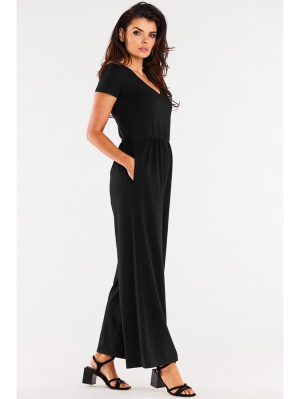 Jumpsuit med vide ben og V-hals i bomuld, sort M