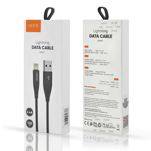 VIDVIE CB491 NYLON USB - Apple Lightning 2.4A Kabel, 1.2m Sort