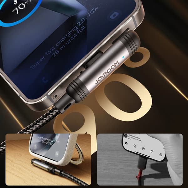 USB-A USB-C 3A 1.2m Kulmakaapeli - Musta