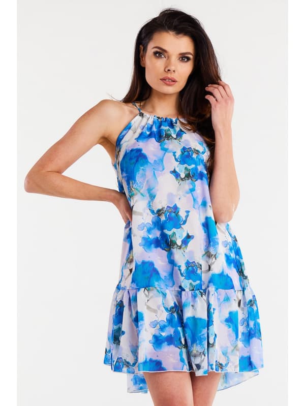 A-formet minikjole med stropper i chiffon, blåt blomstermønster S/M