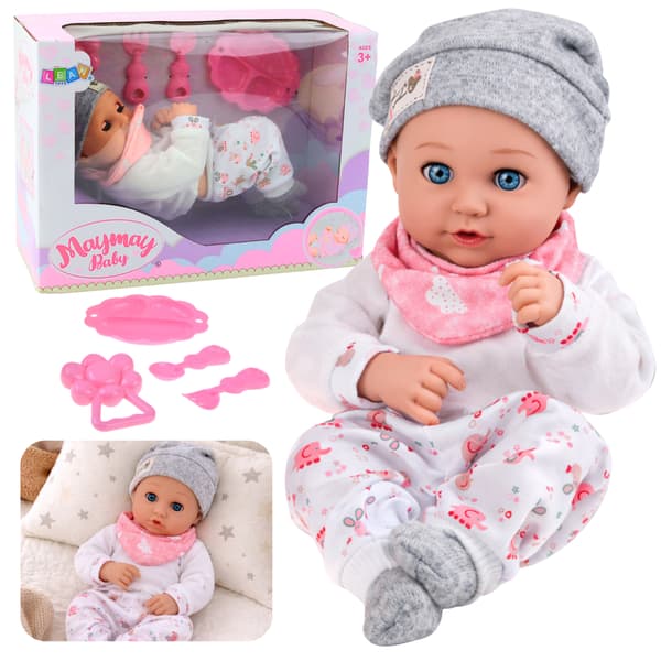 Babydocka med matningstillbehör, haklapp, mössa, 28 cm