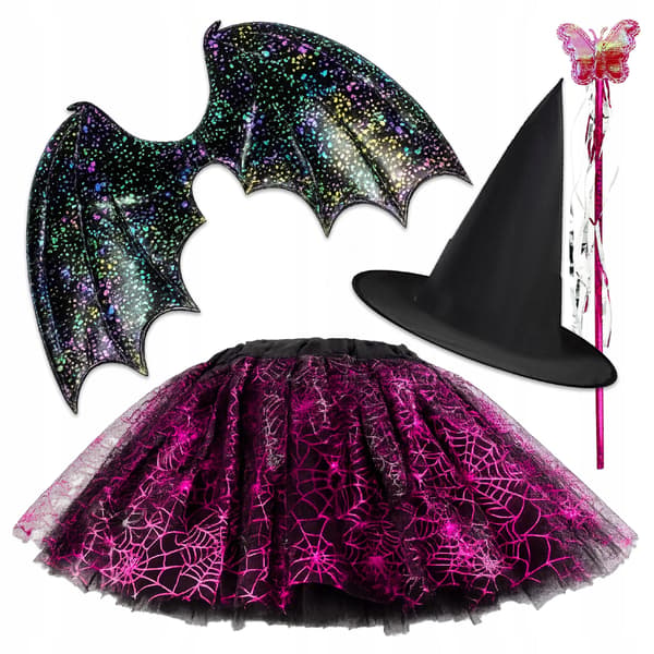 Helloween Set Häxa Fladdermuskostym + Hatt + Vingar + Trollstav H32