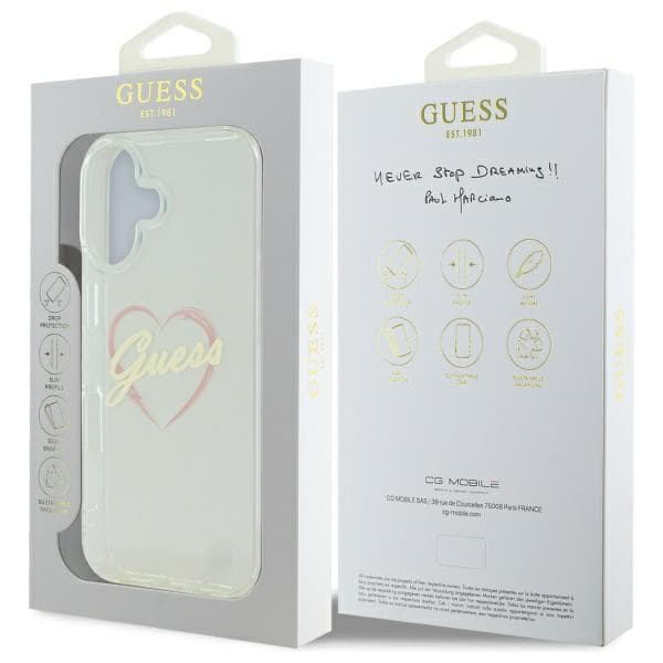 Guess IML Hjerte-etui til iPhone 16 plus, Gennemsigtig