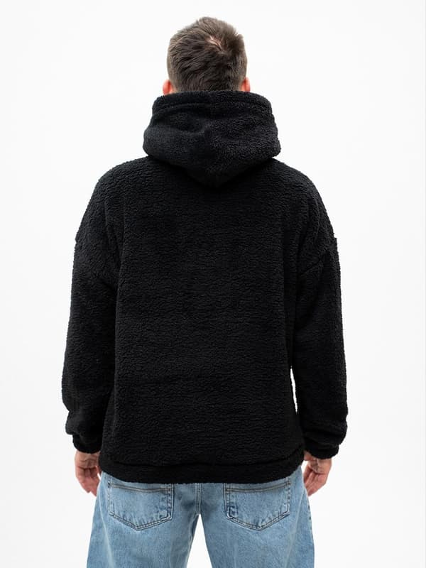 Herre Oversize Sort Teddy Simple Crown Sherpa Hættetrøje M