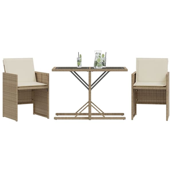 vidaXL 3-delat bistroset med kuddar, beige, polyrotting