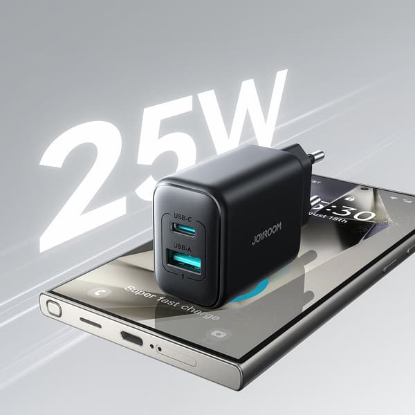 USB-C og USB-A 25W SFC PPS PD vægoplader - Sort