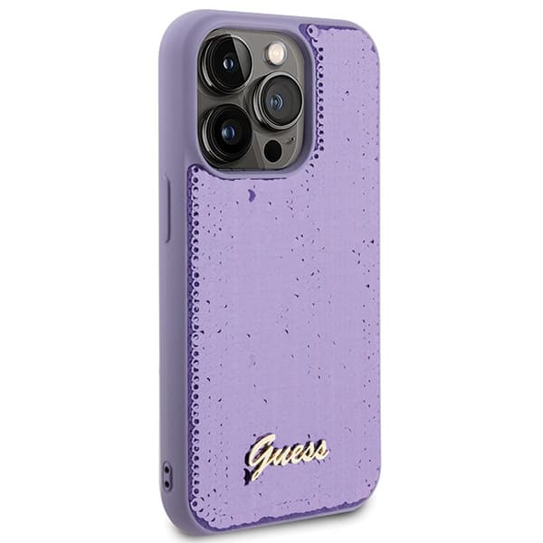 Guess Sequin Script Metallskal till iPhone 15 Pro, Lila