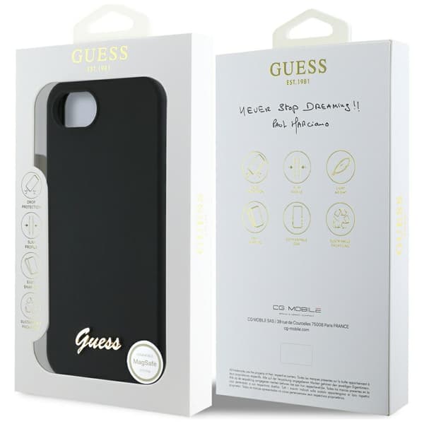 Guess Silikone-cover med metalskrift og MagSafe-logo til iPhone 16e, sort