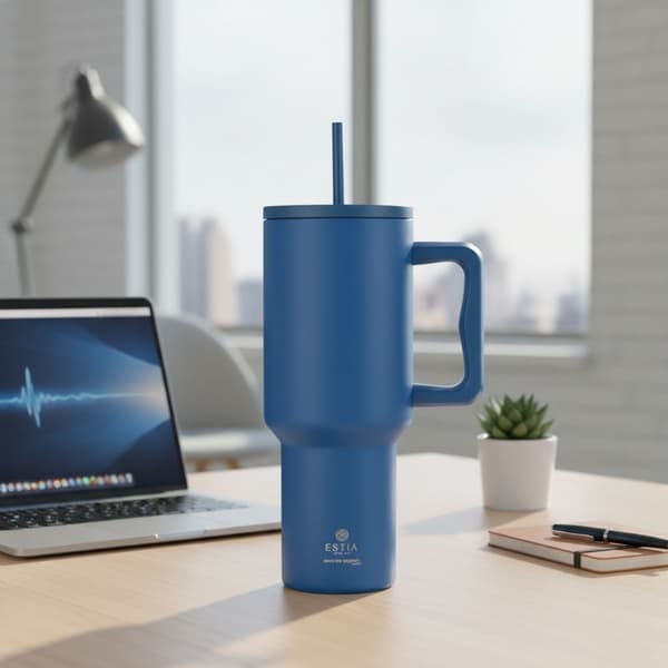 Denimblå termosmugg med sugrör 1200 ml