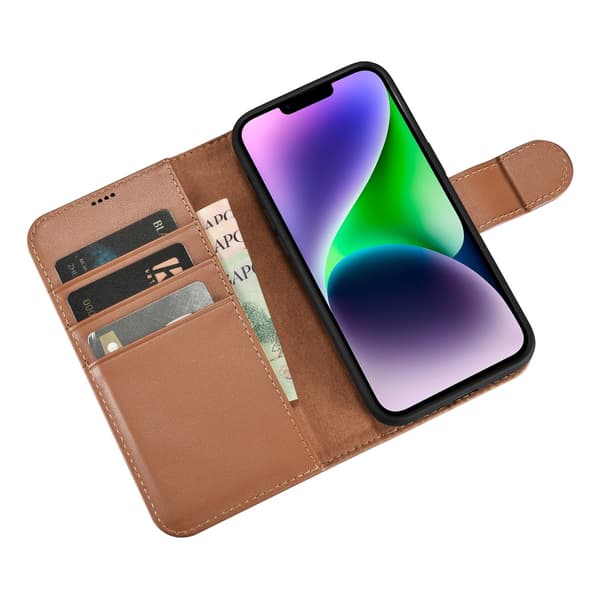 2-i-1 Läderfodral iPhone 14 Anti-RFID Plånboksfodral Brunt